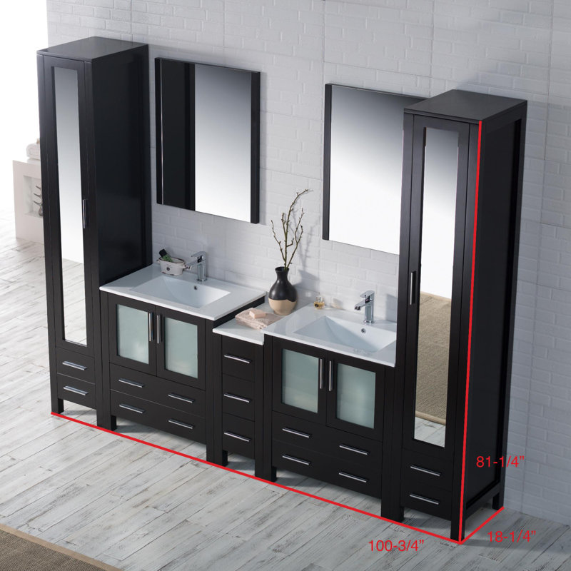 Ensemble de meuble-lavabo double 102 po - Armoire en bois massif, lavabos doubles en céramique, tiroirs à fermeture en douceur, armoire latérale, miroirs et tours en lin