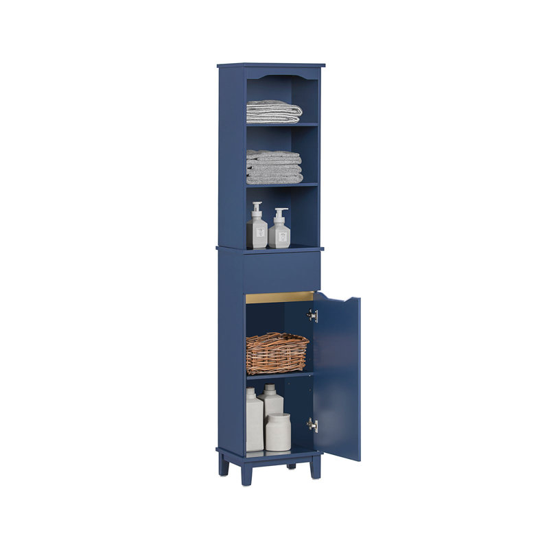 Blue Bathroom Storage Cabinet, Tall Narrow Freestanding Bathroom Cabinet with 3 Open Shelves, Adjustable Shelf & Drawer, Slim Bathroom Floor Cabinet Organizer for Small Spaces, 13.8"W x 11.8"D x 66.9"H