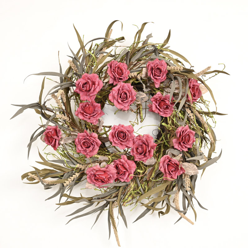 Couronne florale artificielle 26 po avec baies roses, Red