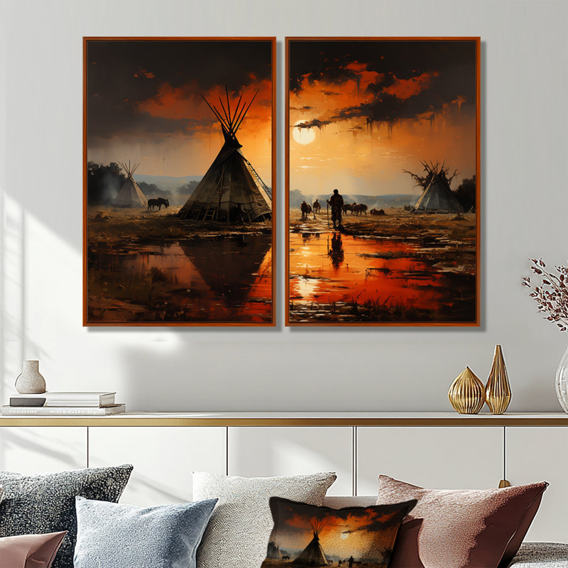 Tente de jeu orange orange embrassant la tradition II - Art mural amérindien, H 36 po x l 48 po, Brun