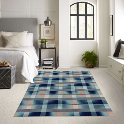 Tapis intérieur / extérieur en polyester tissé à la machine à motif rectangulaire tissé à la machine gris / bleu / corail