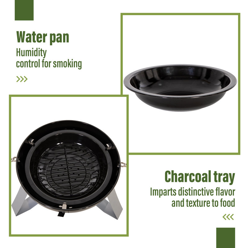 18" Black Charcoal Vertical Smoker Grill with Porcelain Enamel Bowls
