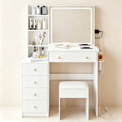 Ensemble de meuble-lavabo 37 po avec armoire de rangement côté gauche et tabouret rembourré, miroir coulissant à DEL réglable 3 couleurs, prise de charge 2 AC et 2 USB, support de rangement pour sèche-cheveux, EPA, GCC, UL