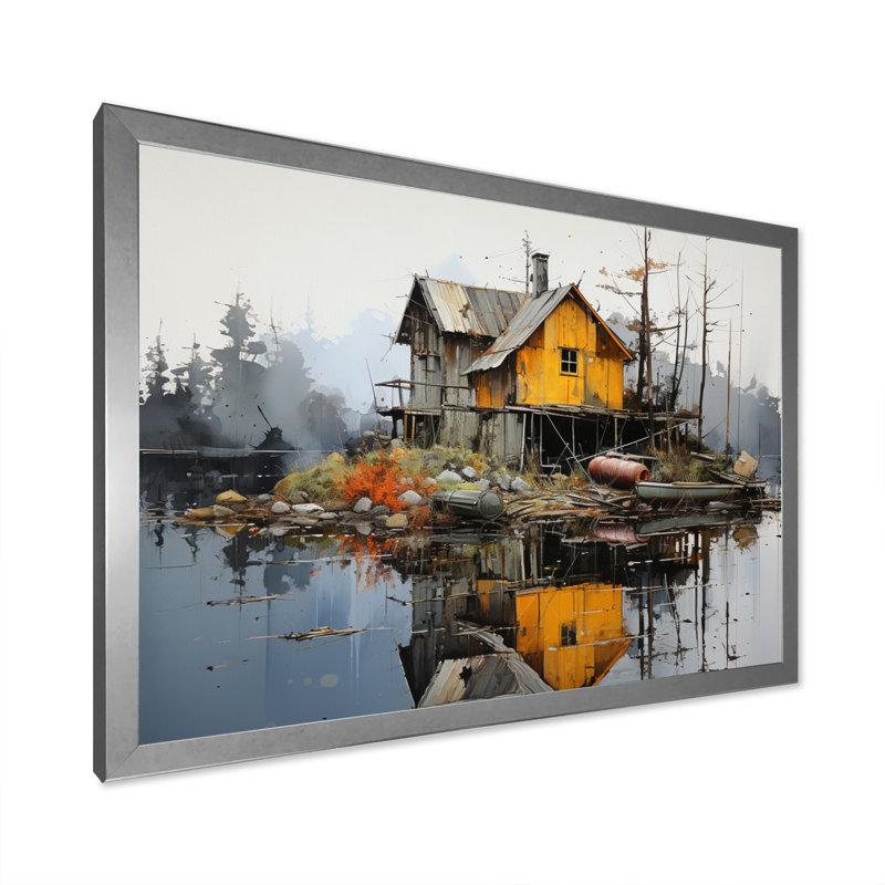 Yellow Lakehouse Pier Reflections II - Landscapes Canvas Prints, Cadre photo argenté, H 12 po x l 20 po x P 1 po