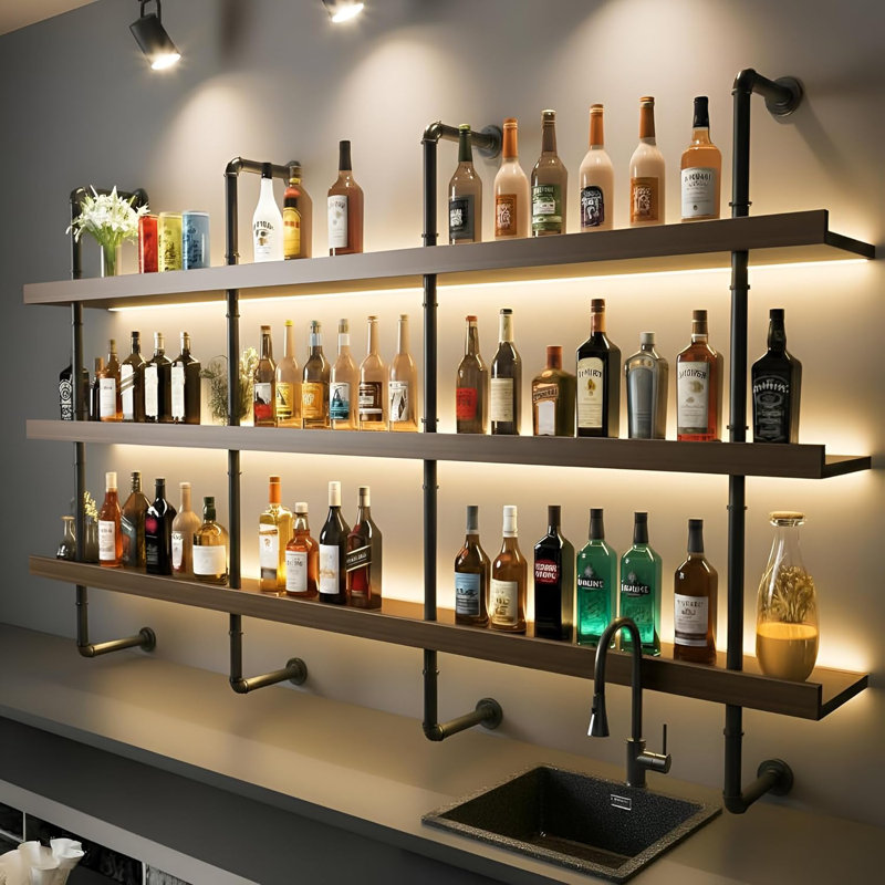 47.2-Inch Modern Wall-Mounted Wine Rack With LED Lights, 3-Tier Liquor Bottle Display Bar Shelves, Industrial Wine Rack Floating Shelf, Multifunctional Wine Storage Rack For Home, Kitchen Or Bar Decor