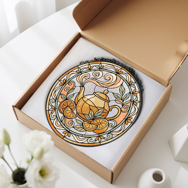 Panneau de vitrail en verre teinté avec théière, H 12 po, H 7,8 po