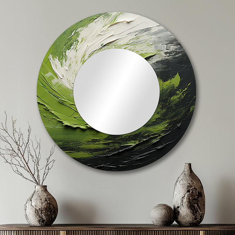 Green Serene Spiral Dreams I - grand miroir mural à spirales abstraites, miroir décoratif rond moderne, impression d'art en métal