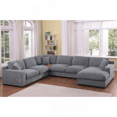 Chiara 128"W Light Gray Chenille Fabric Corner Sectional Sofa With Right-Facing Chaise, Cupholders, And Charging Ports