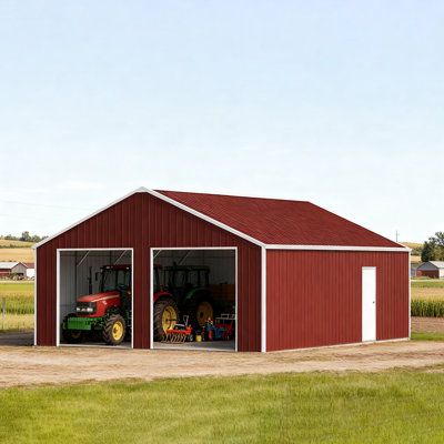 Abri de grange en acier double 45 pi x 25 pi avec construction de calibre 14, espace très large pour les voitures, 2 portes à cadre et entrée latérale, acier galvanisé d'extérieur brun rougeâtre, 26 pièces en métal, deux 102 po