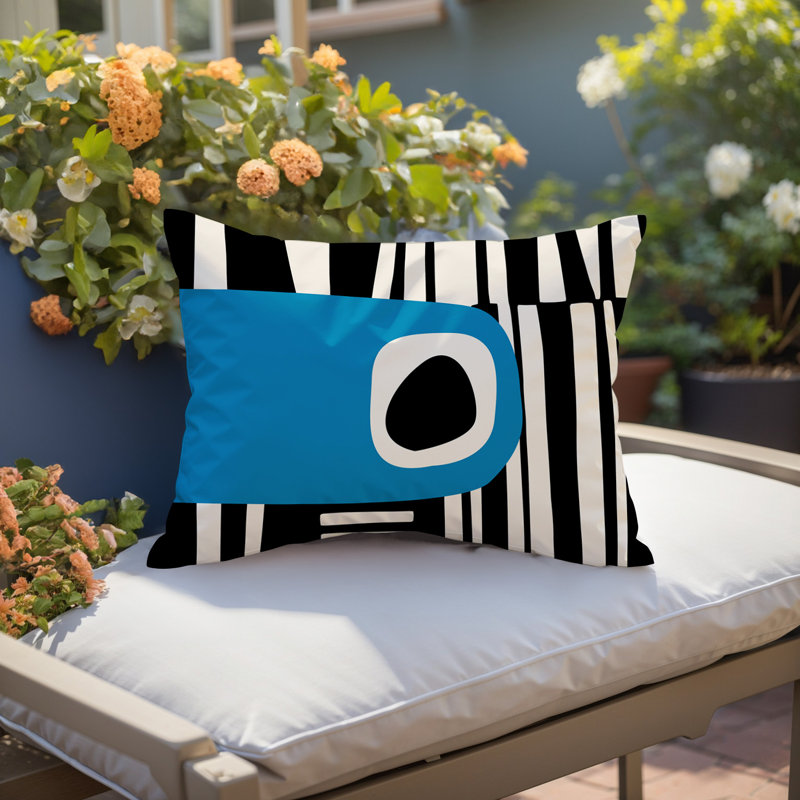 Oreiller rectangulaire réversible intérieur / extérieur Jina, Turquoise / noir / blanc cassé, H 14 po x l 20 po