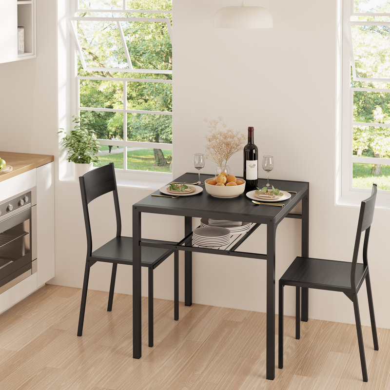 3-Piece Dining Table Set for 2 with Under-Table Storage Rack and Tuck-Under Chairs, Black, Black