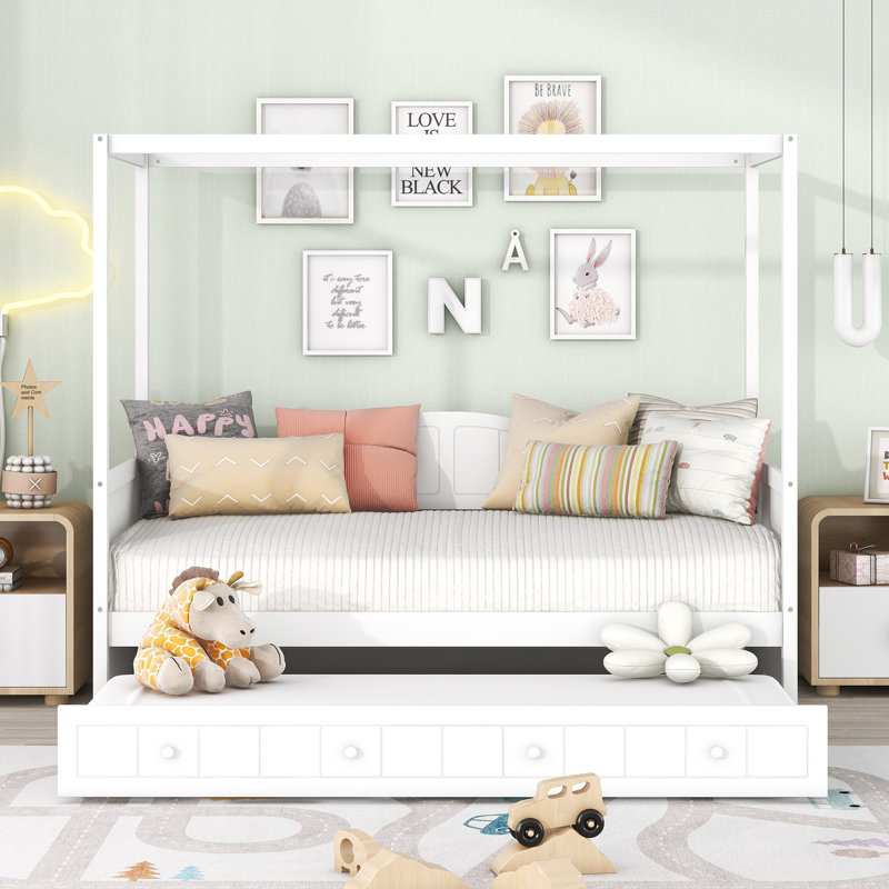 Canopy Day Bed with Trundle & Wooden Frame, White