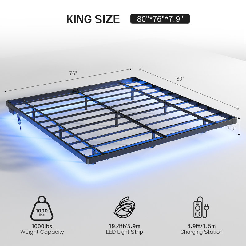 Kathrene Floating Bed Frame with LED Lights and Charging Station, King