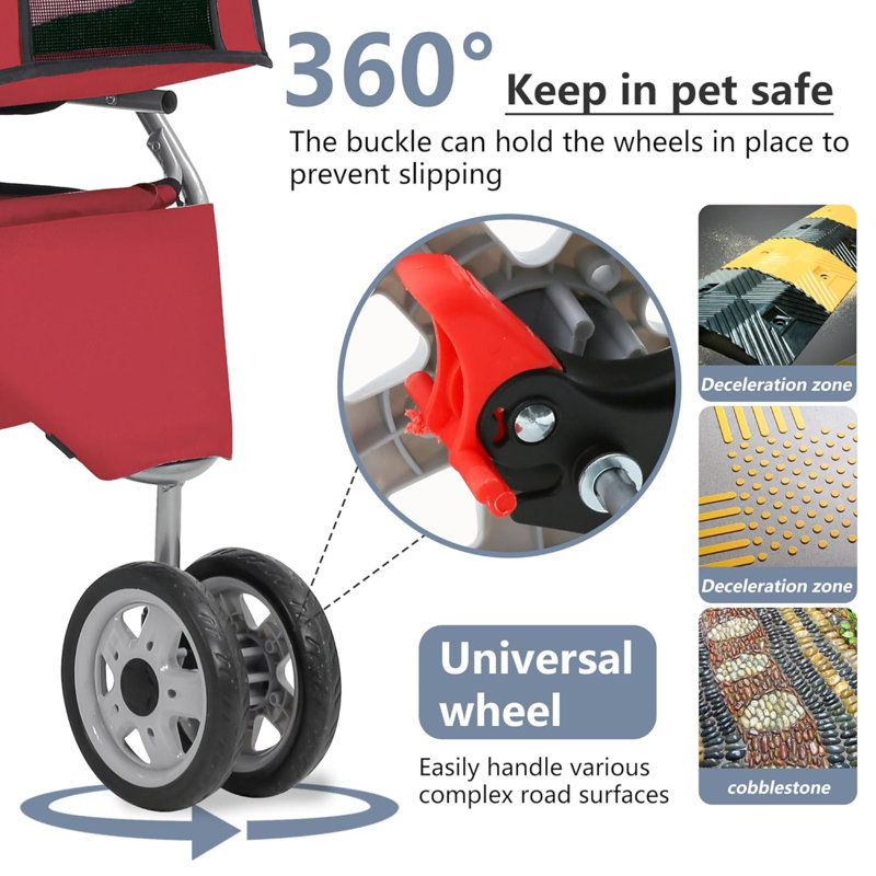 Red 3-Wheel Foldable Alloy Steel Dog Stroller with Storage Basket