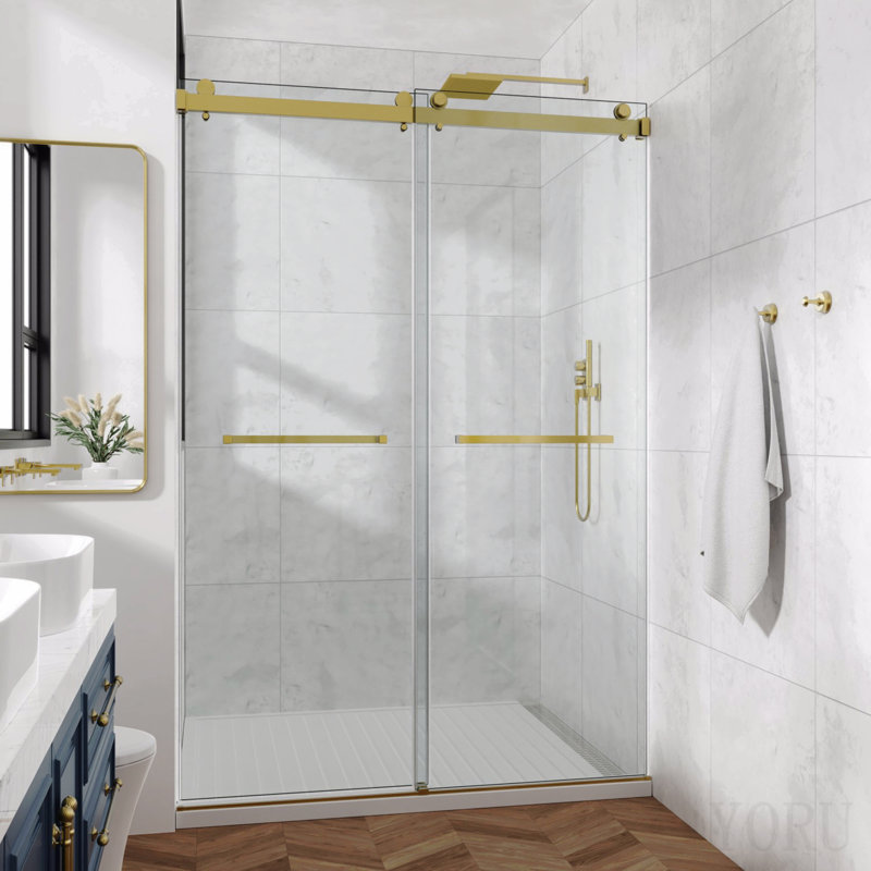 Porte de douche coulissante double sans cadre 54 x 66 po, porte de douche double, verre trempé Sgcc 3/8 po (10 mm), acier inoxydable, or brossé