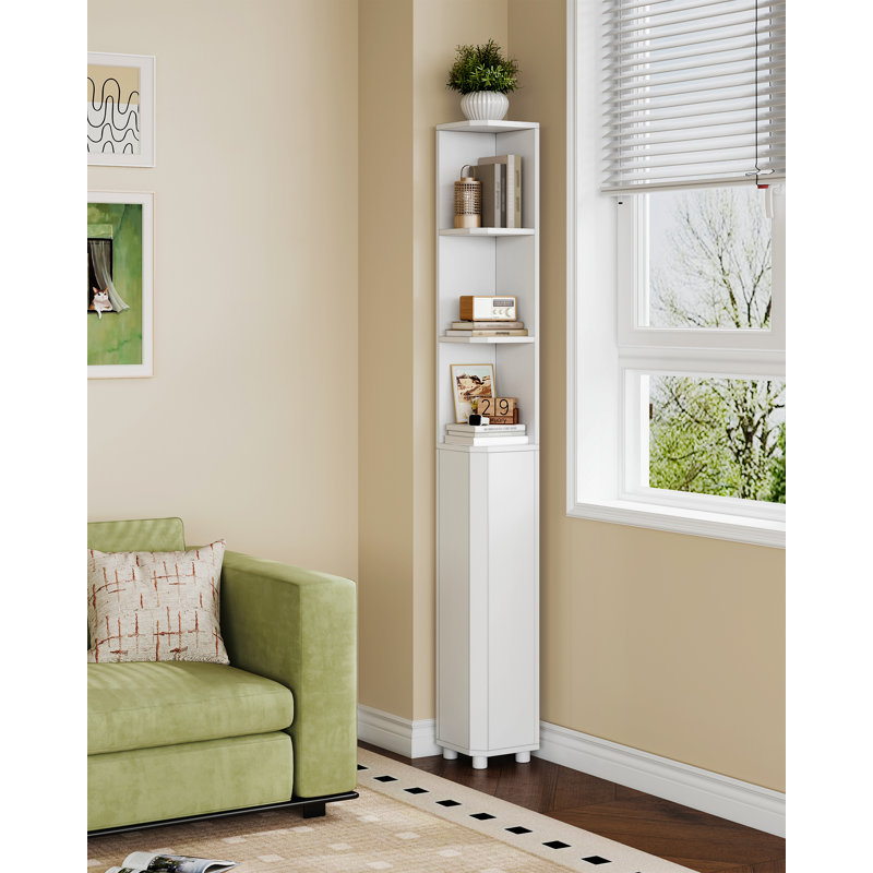 Tall Bathroom Cabinet, Corner Bathroom Cupboard with 3 Open Shelves and 2 Door, Freestanding White Wooden Corner Shelf Unit for Small Spaces, 20 x 20 x 170 cm, White 
