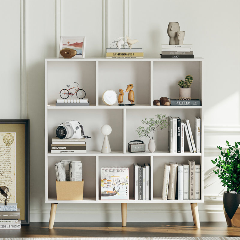 Jaen Solid and Manufactured Wood Cube Bookcase, (8 Shelves) 42.5" H x 47.2" W x 9.4" D, Grand White