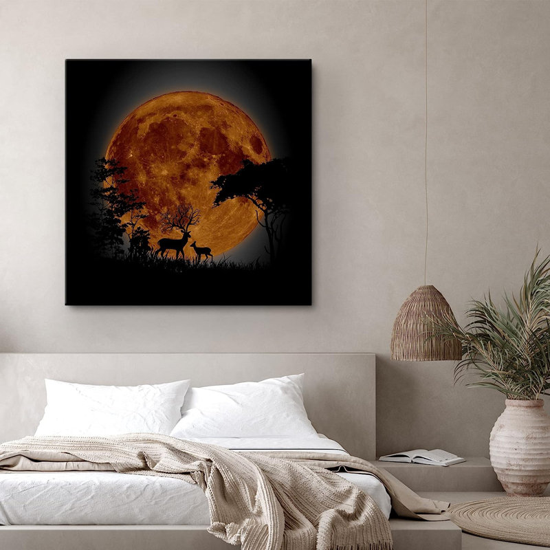«Harvest Moon Night Sky Forest Tree Deer Silhouette» sur toile, H 16 po x l 16 po x P 1,5 po