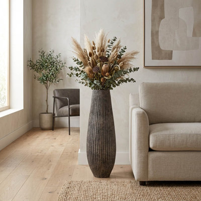 Cylindrical Ridged Terracotta Floor Vase for Rustic Home Interiors - Tall Tapered Flower Vase Accent for Living Room or Corner Styling - Black & Gray