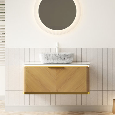 Meuble-lavabo flottant de 36 po en contreplaqué avec tiroir en sergé, fabrication à plusieurs couches à finition automatique en marbre fritté et cuve en marbre, poignées dorées, céramique haute dureté à DEL