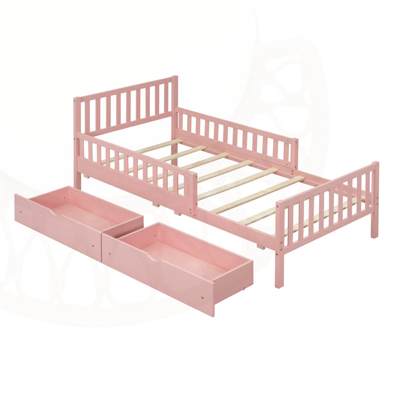 Lit plateforme en bois avec garde-corps des deux côtés et deux tiroirs de rangement, Lit simple, Rose