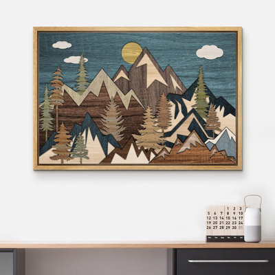 Western Wood Effect Landscape Sun & Mountain Pine Tree Natural Modern Large Wall Art Living Room Bedroom On Canvas Print
