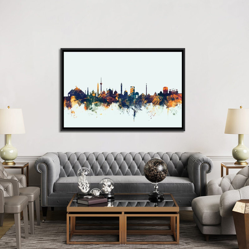 Skyline Series: New Delhi, Inde, impression sur toile tendue en bleu, H 40 po x l 60 po x P 1,5 po, Toile avec cadre noir