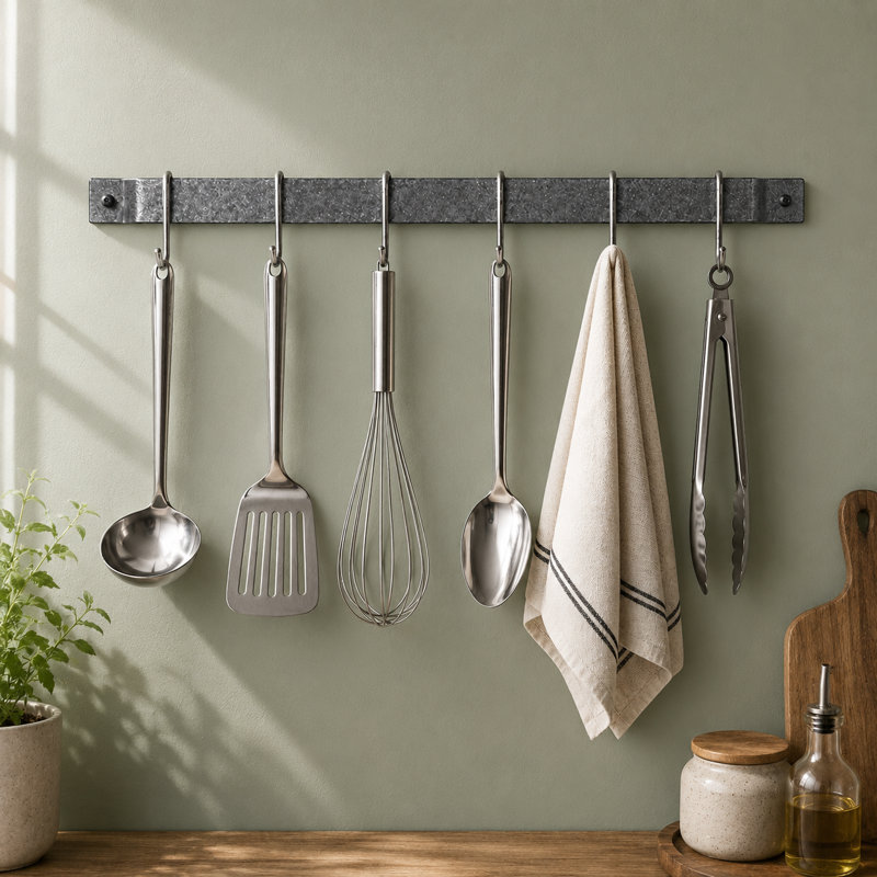 Handcrafted Easy Wall Mounted Pot Rack, 3" H x 36" W x 3" D, Hammered Steel