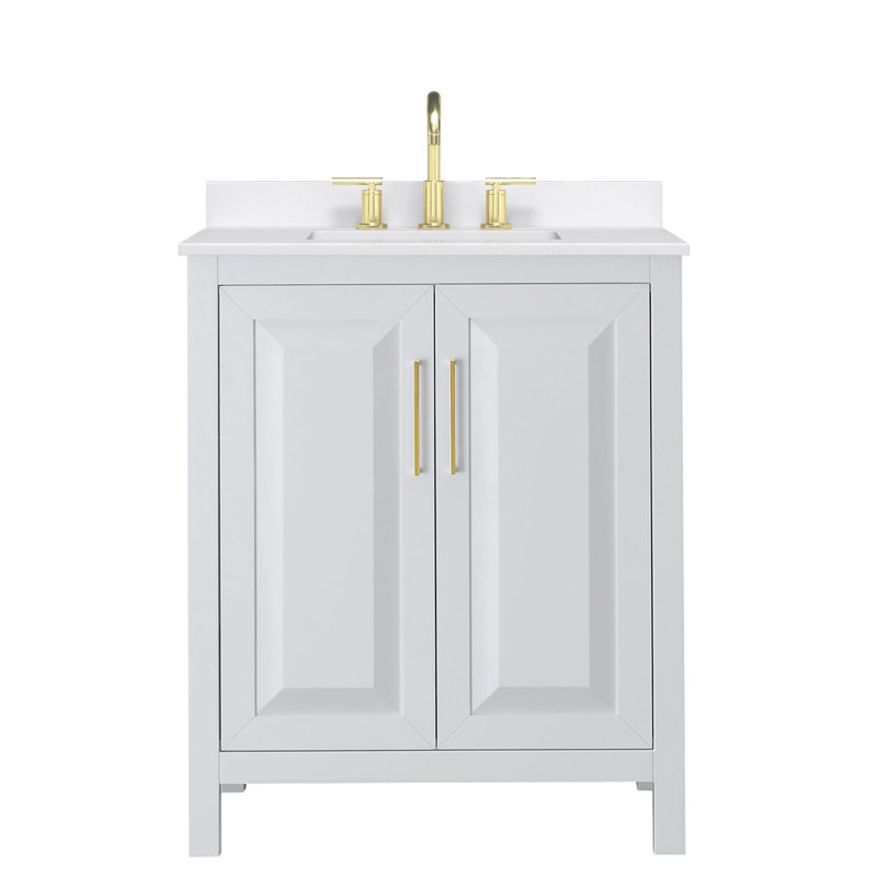 Meuble-lavabo simple 30 po avec plateau en quartz Daria, Blanc, Or brossé, Quartz Giotto