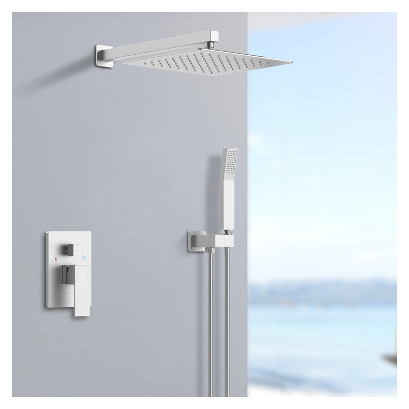 12 Inch Rainfall Shower Head and Handheld Shower Faucet Combo Set - Wall Mounted Shower System with Brass Valve, Brushed Nickel Finish