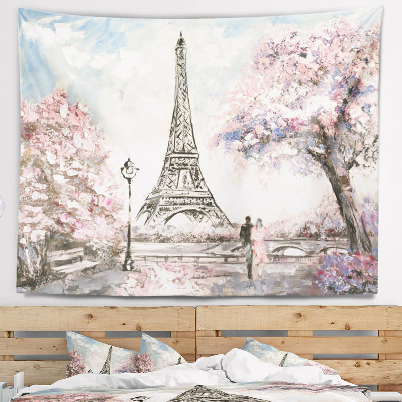 Tapisserie paysager avec des fleurs roses, H 32 po x l 39 po