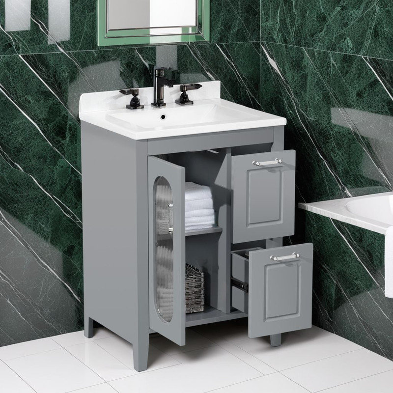 Meuble-lavabo 24 po avec lavabo en céramique, structure en bois massif, tablette réglable et 2 tiroirs, Gris