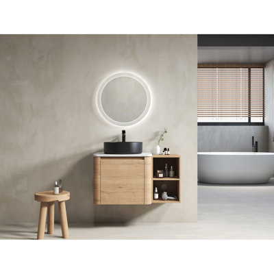 Meuble-lavabo mural de 36 po avec lavabo d'art en céramique, tablettes de rangement, porte à fermeture en douceur, emballage Kd, structure en contreplaqué, idéal pour les arrangements de salle de bain, maquillage, mises à niveau