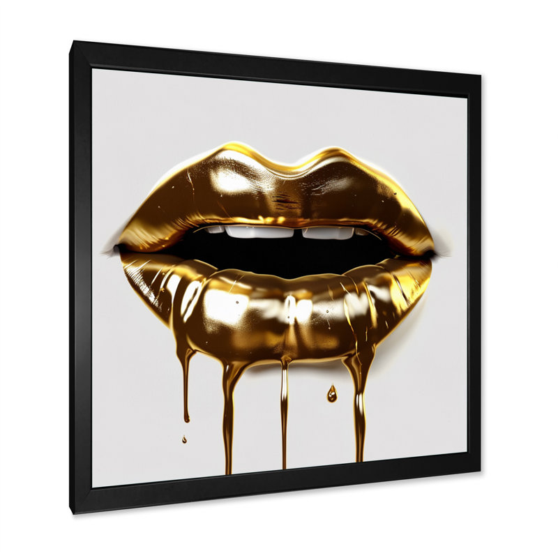 Gold Lips Of Luxury VI - Art mural sur toile tendance, H 16 po x l 16 po x P 1 po, Cadre photo noir