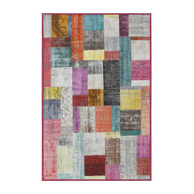 Tapis patchwork bleu / gris / rose