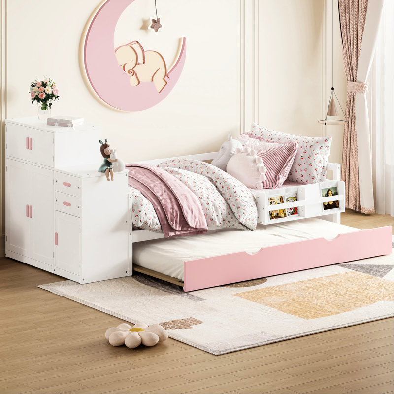 Lit simple multifonctionnel avec bibliothèque intégrée et lit gigogne, garde-robe rose blanc mobile pour les espaces de bureau pratiques et fonctionnels