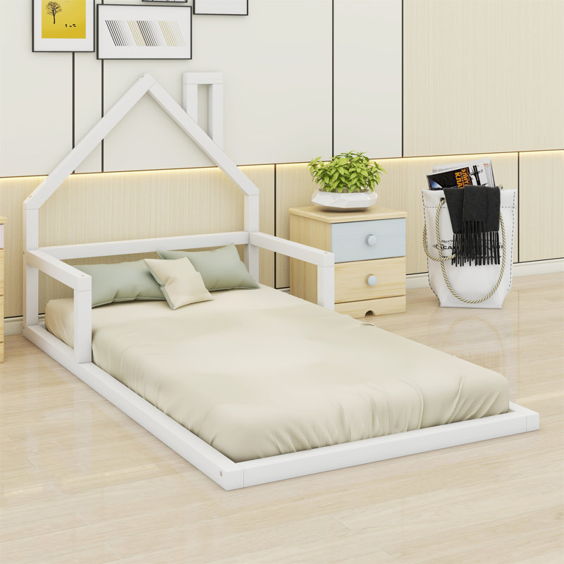 Floor Bed With House-Shaped Headboard, White