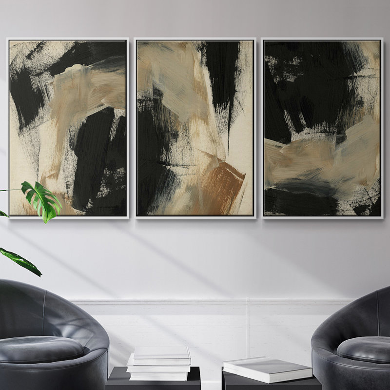 Baked Paintstrokes IV, ensemble de 3 toiles encadrées, H 36 po x l 72 po, Blanc
