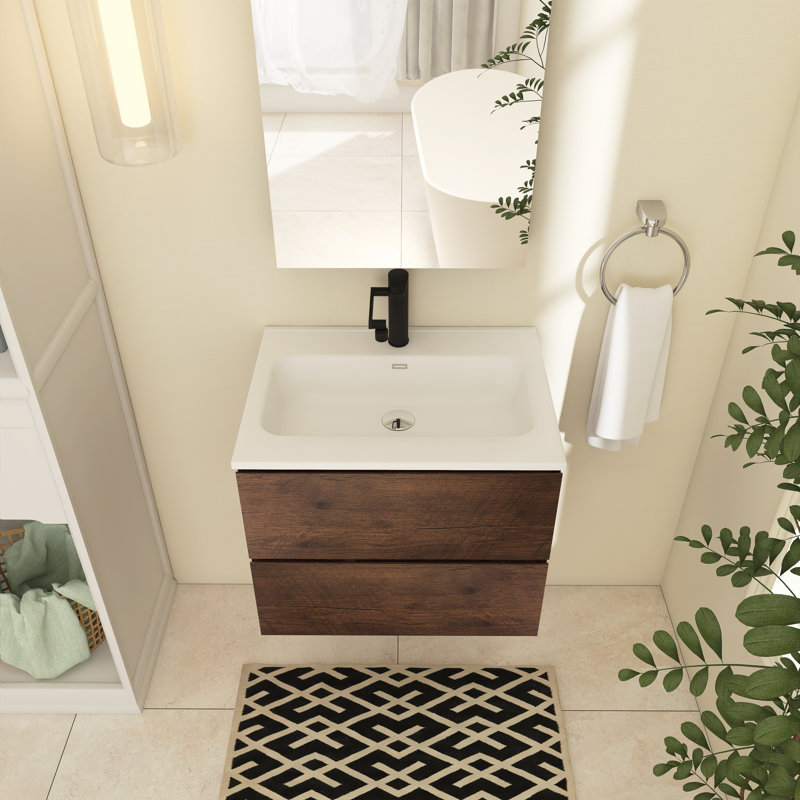 Zykaria 24 " W Wall Mounted Single Vanity Bathroom Vanity With Ceramic Top, Walnut, Single