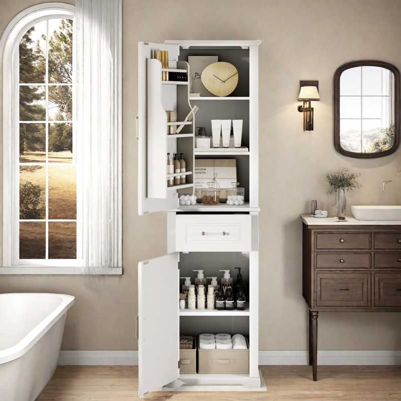 Grande armoire de rangement pour salle de bain avec deux portes de taille différente et une tablette réglable, des tablettes de porte et un tiroir
