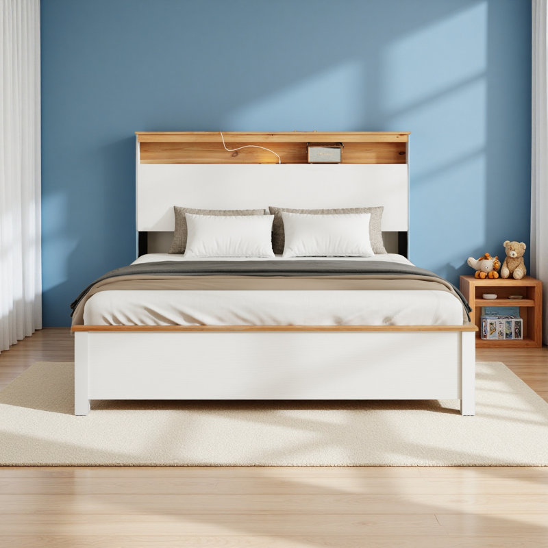 SUPPORT DE LIT EN BOIS AVEC STATION DE RANGEMENT POUR STATION DE CHARGEMENT, Grand lit