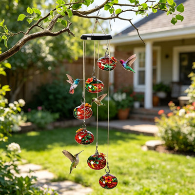 Handcrafted Blown Glass Hummingbird Feeder With Wind Chimes, Leak-Proof Design With Ant Moat, 6 Feeding Ports, Large Capacity Hanging Outdoor Bird Feeder For Garden Patio Decor