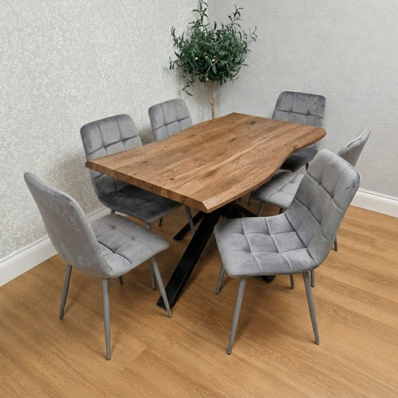 Rustic Brown Wooden Dining set with Table and Velvet Chairs, 75cm H x 80cm W x 140cm D, Grey, 6