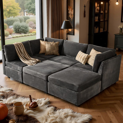 6-Piece Deep Seat Cloud Modular Corduroy Sofa With Ottoman, Easy To Assemble