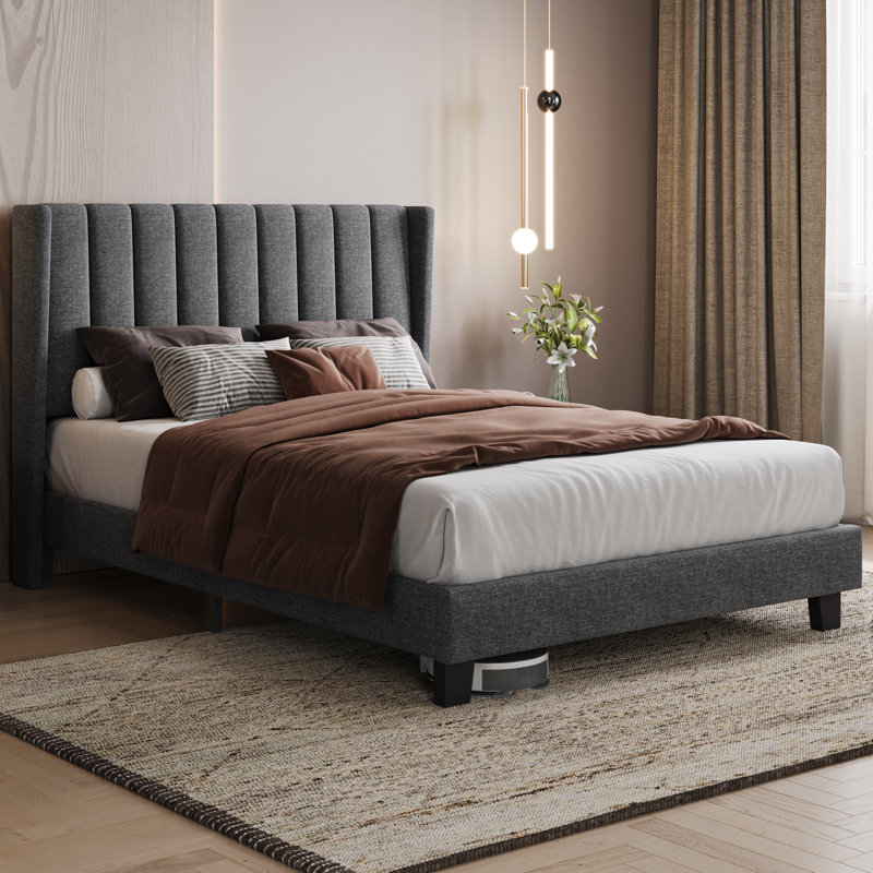 Upholstered Bed Frame with Channel Tufted Headboard, Dark Grey, Double (4'6)
