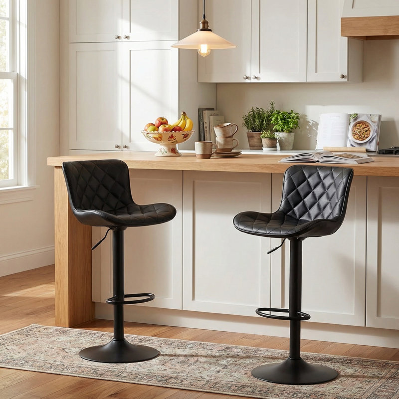 Denan Swivel Adjustable Height Bar Stools, Leather Modern Barstools, Upholstered Counter Stool, Black, 2