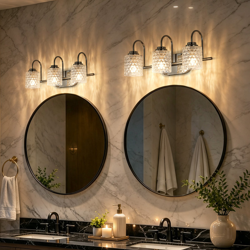 3-Light Modern Dimmable Bathroom Vanity Light with Dimpled Glass Shades, Chrome