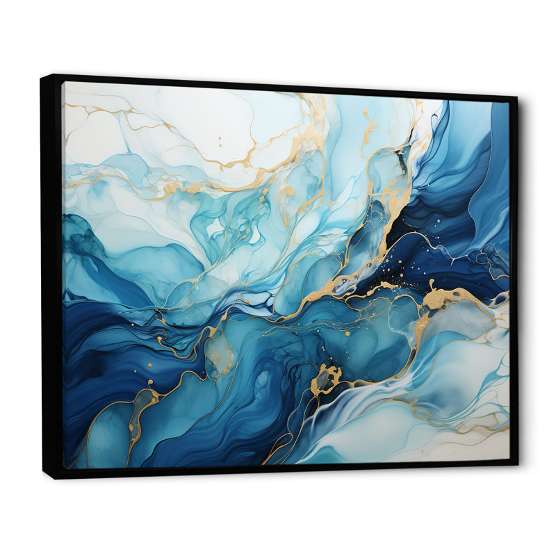 Impressions sur toile, formes liquides et bleues, H 12 po x l 20 po x P 1 po, Cadre flottant noir