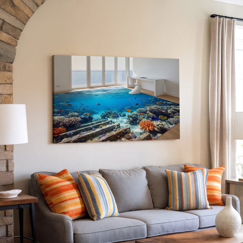Toile, une superbe scène intérieure mettant en vedette un art mural hyperréaliste représentant un monde sous-marin ensoleillé où une toile