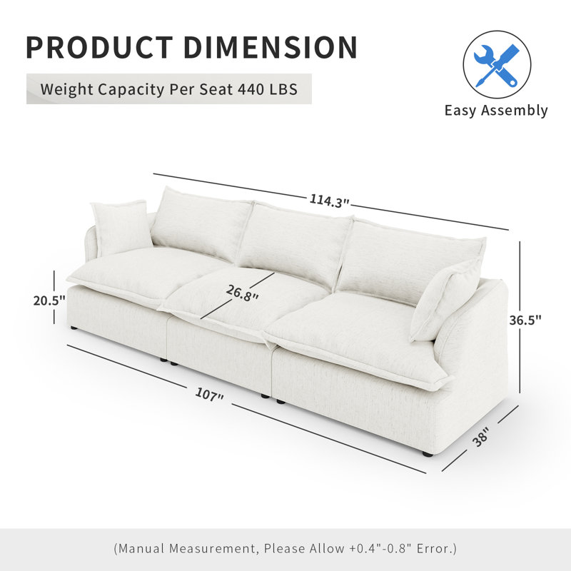 Upholstered 114 " Linen Blend Sofa, White